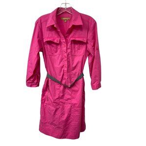Ellen Tracy Shirtdress Barbie Pink Belted Adjustable Sleeves Pockets Collar XS